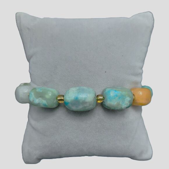 Mixed Gemstone Nugget Bracelet Artisan Large Beaded Gold Tone Stretch New - Picture 3 of 12